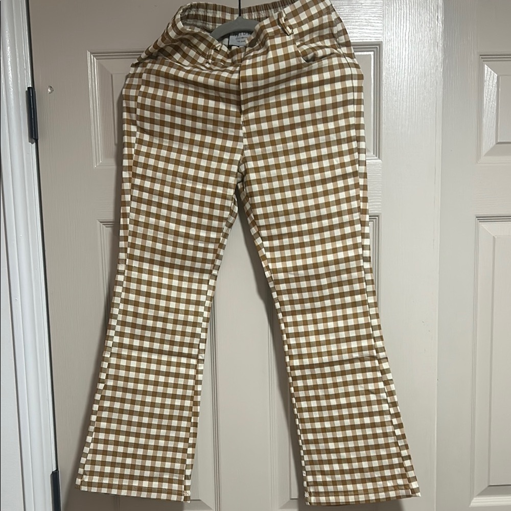 Brown and White Gingham Casual Pants with Flare
